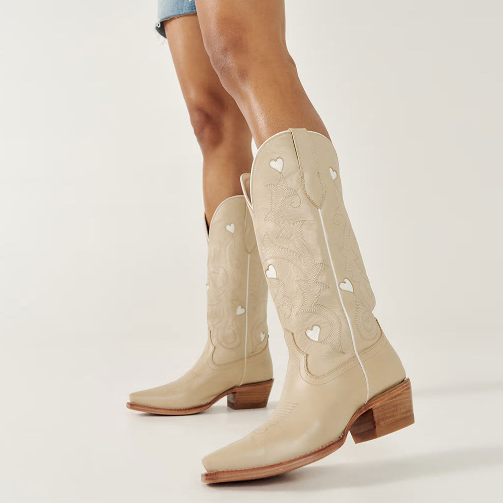 Beige Block Heel Mid-Calf Embroidered Snip Toe Cowgirl Boots