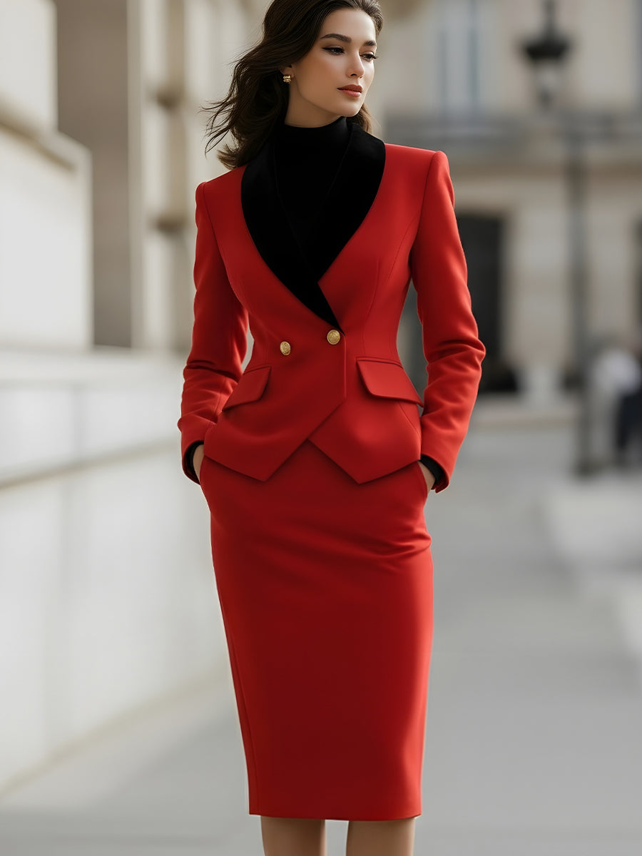 Elegant Tailored Blazer And Skirt Suit Set With Contrast Lapel