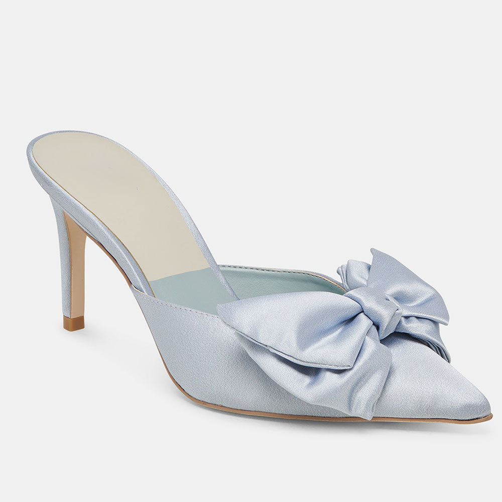 Elegant Satin Pointed Toe Stiletto Heel Bow Mules Shoes in Light Blue