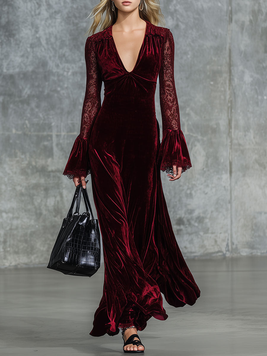 Fashion Retro Party Burgundy Velvet Lace Long Sleeve Maxi Dress
