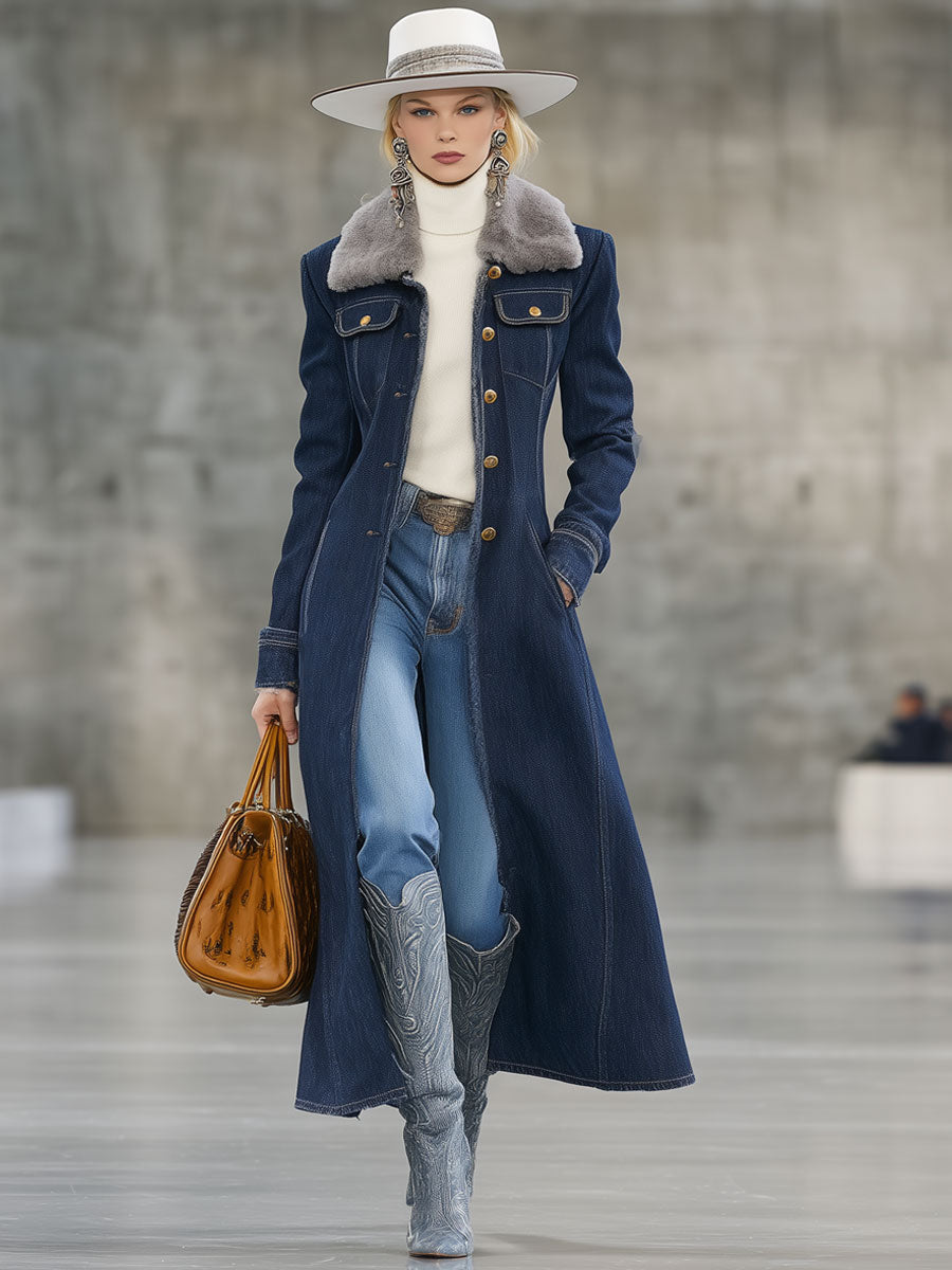 Fashion Retro Fur Collar And Fur Edge Dark Blue Denim Long Coat