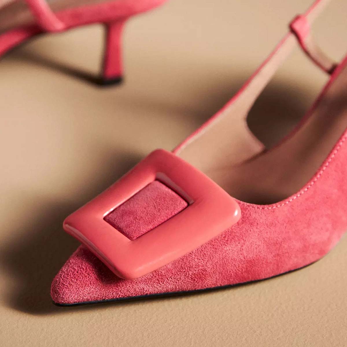 Deep Pink Buckle Pointed Toe Slingback Shoes with Stiletto Heel