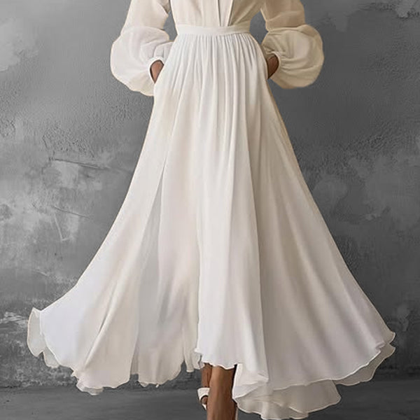 Elegant Deep V Neck Lantern Sleeve Pocket Tunic Maxi Dress