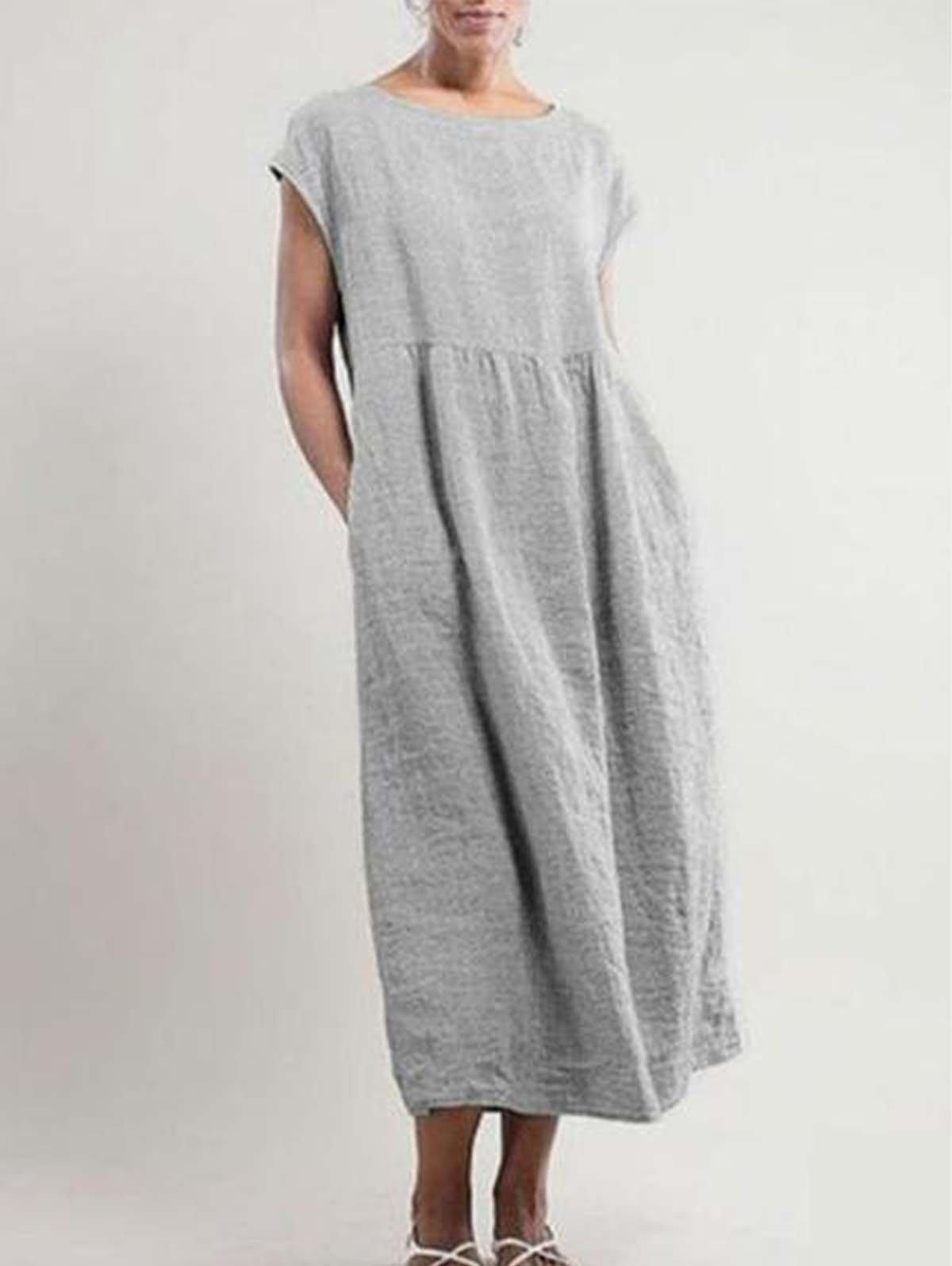 Solid color sleeveless loose cotton and linen pocket dress