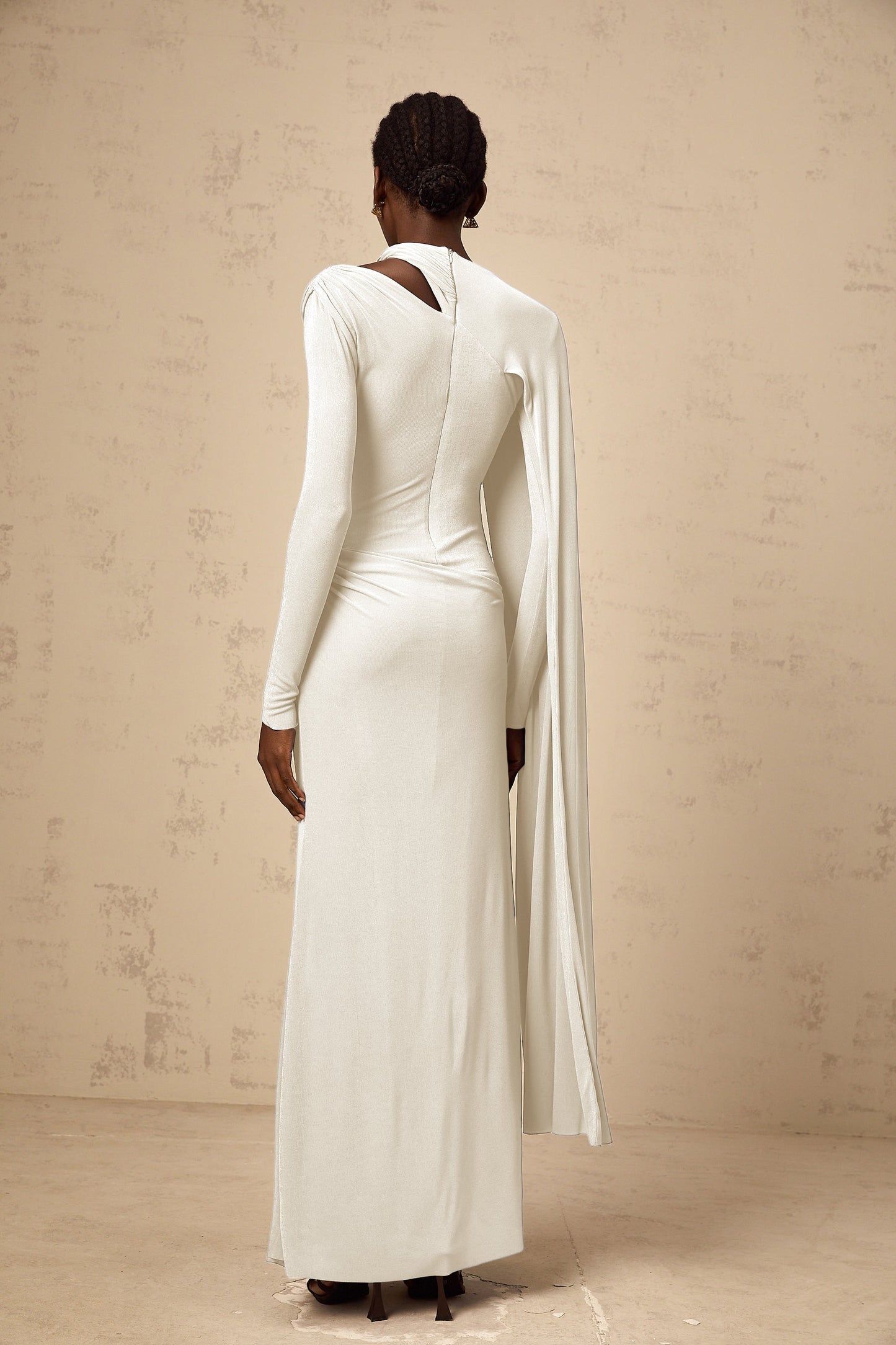 Josette White Diagonal Shawl Fitted Maxi Dress