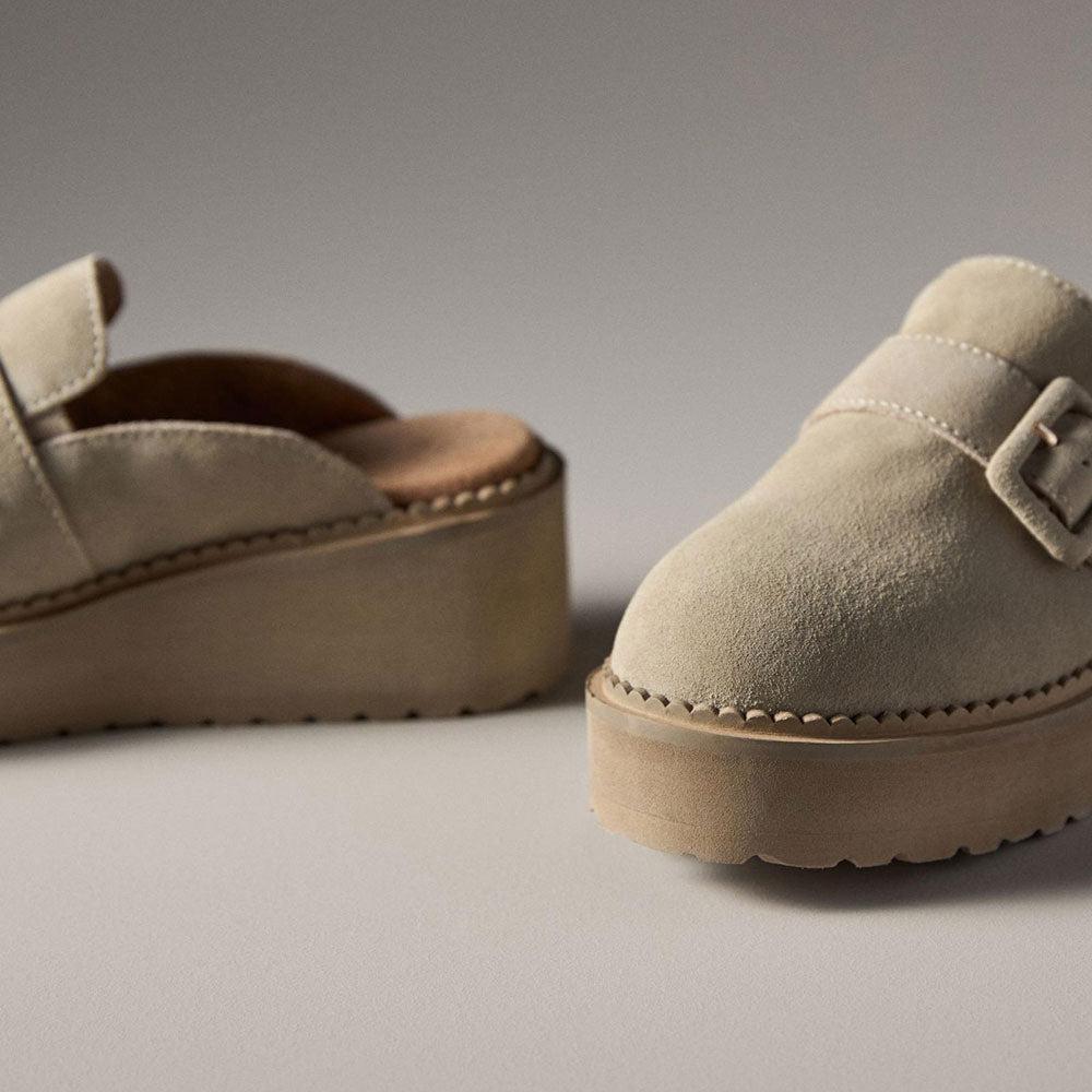 Beige Closed Round Toe Buckled Strap Platform Shoes for Women