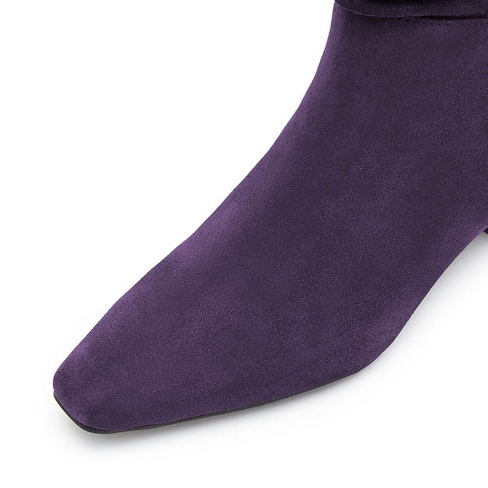 Dark Purple Vegan Suede Block Heel Slouch Square Toe Boots Women