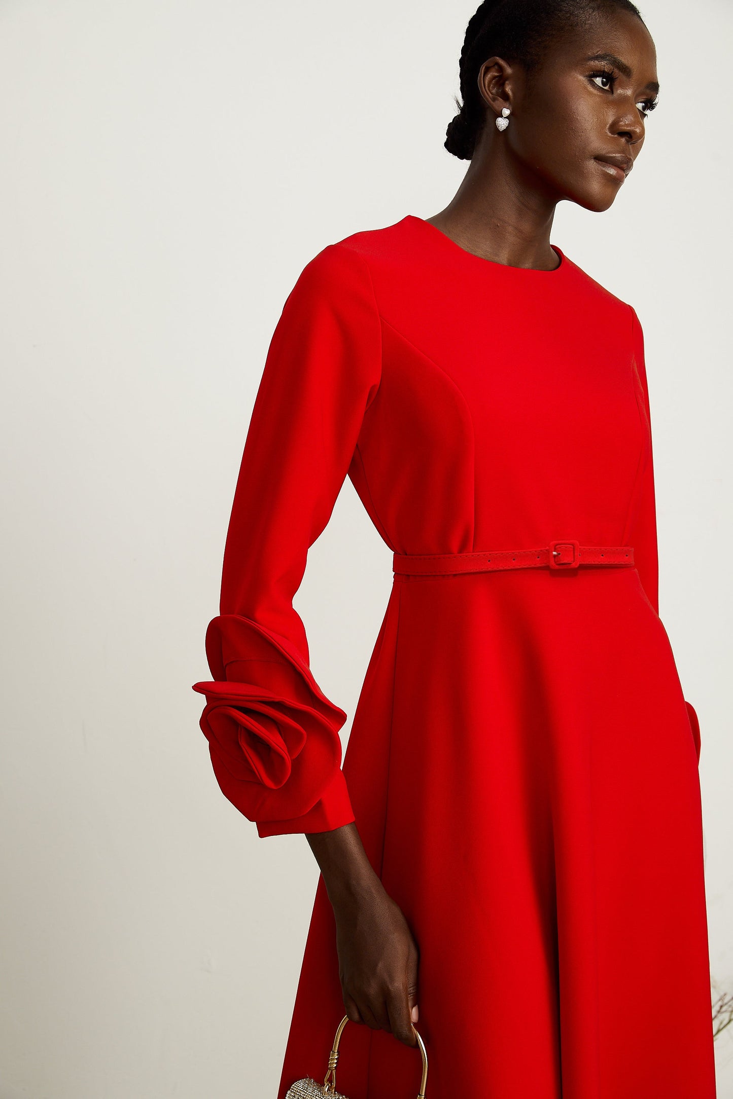 Aurelia red long-sleeve dress with floral embellishments