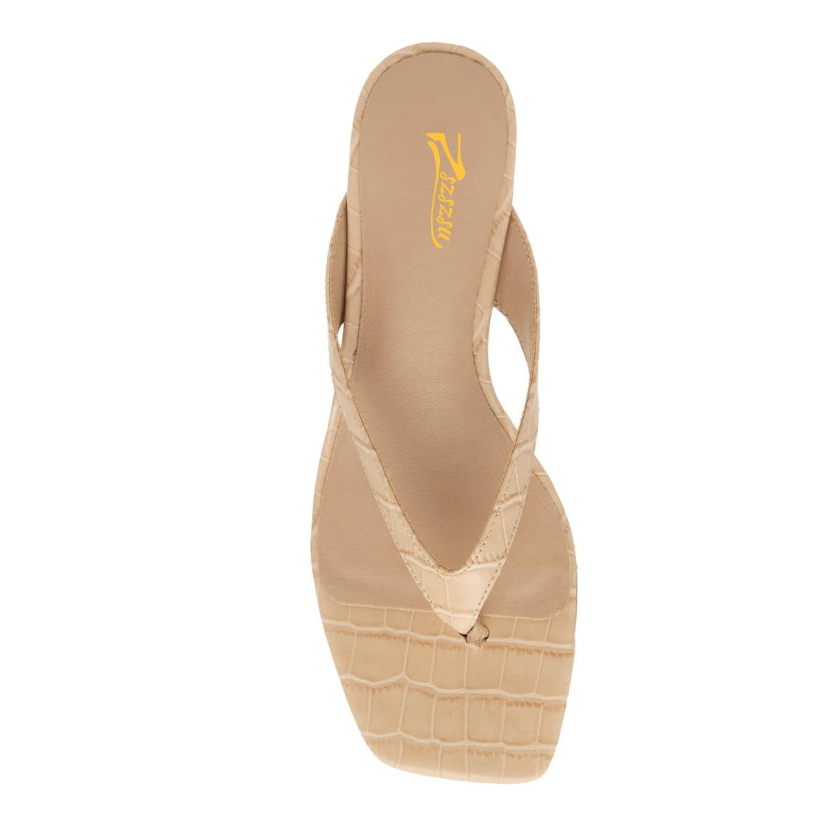Beige Open Square Toe Crocodile Embossed Flip Flop Low Heel Sandals