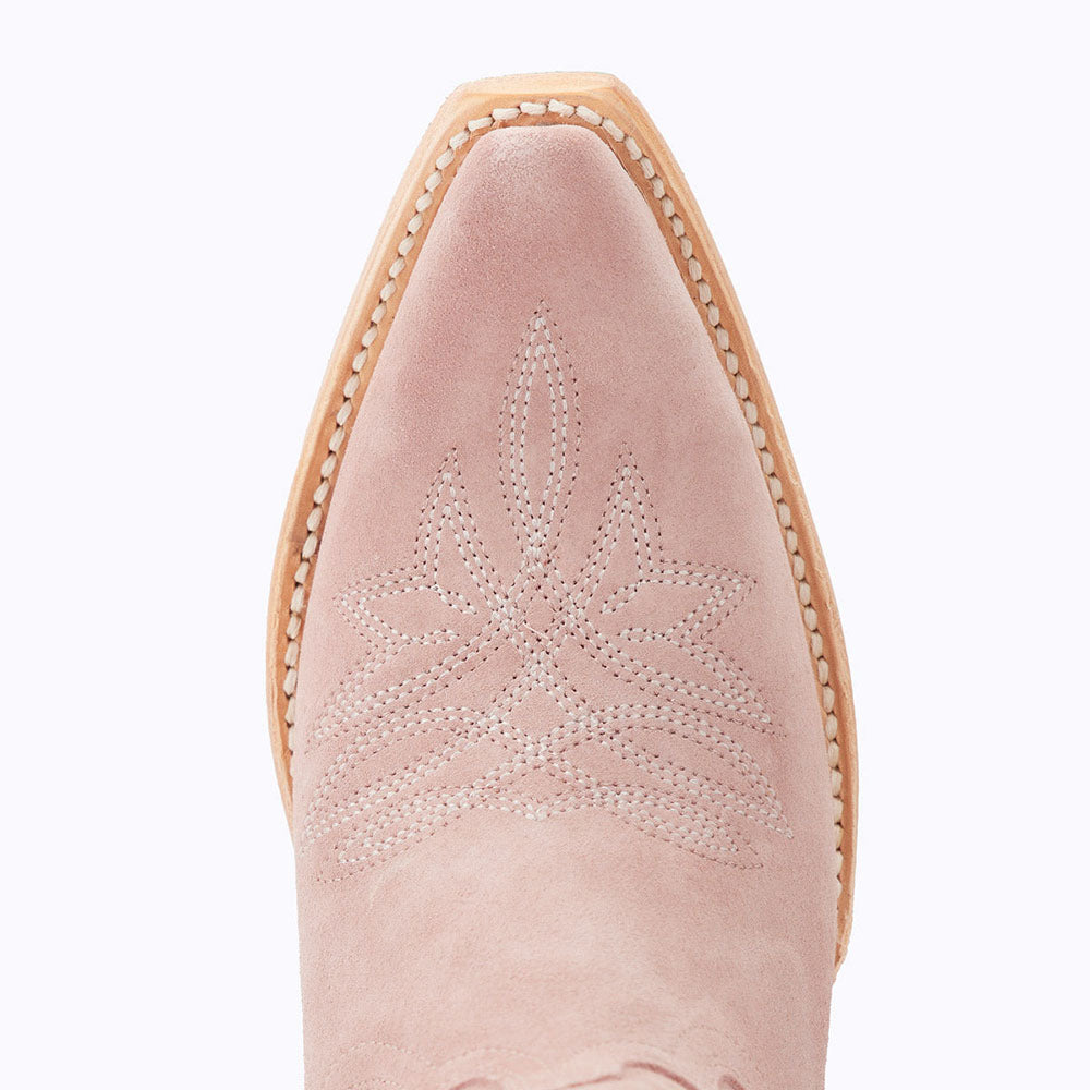 Beige Faux Suede Pointed Toe Chunky Heel Mid-Calf Cowgirl Boots