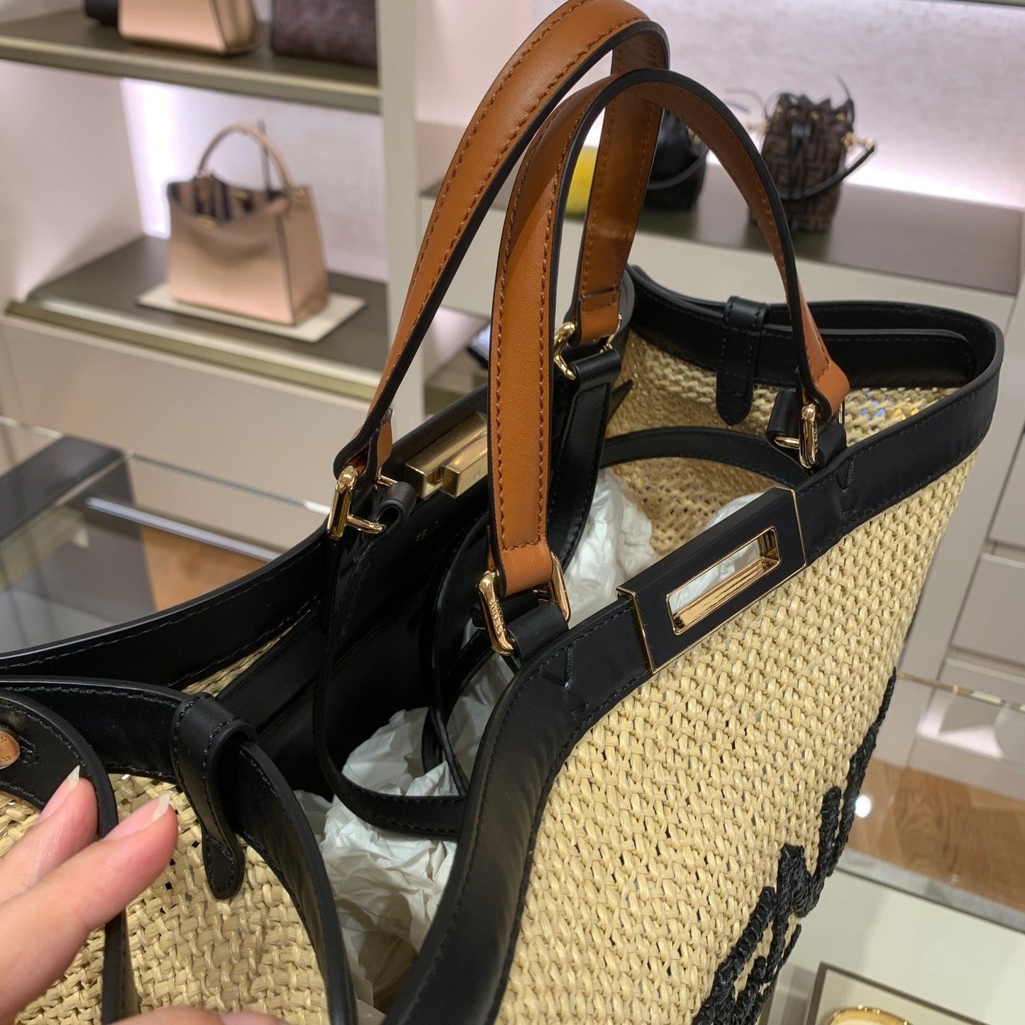 FI Peekaboo X-tote Medium Woven Straw Tote Bag For Women, Handbags 16.1in/41cm FF