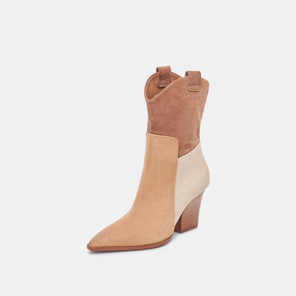 Beige Faux Suede Pointed Toe Chunky Heel Cowgirl Booties