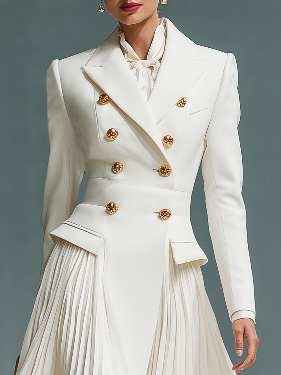Elegant And Fashionable White Double-breasted Long-sleeved Midi Dress