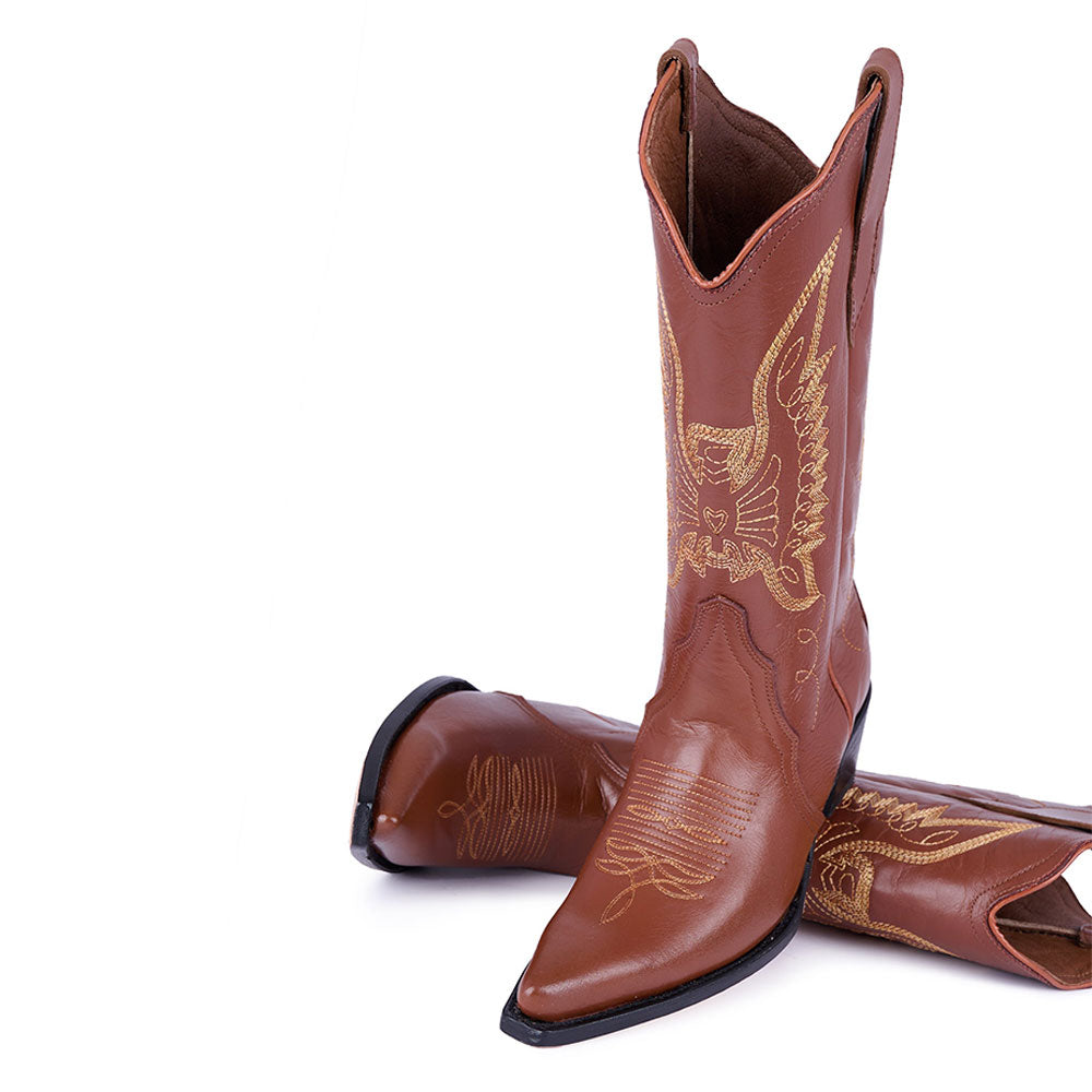 Embroidered Bird Mid-Calf Snip Toe Brown Cowgirl Boots for Women