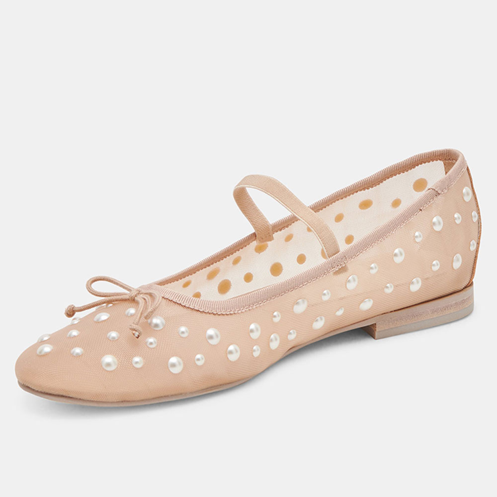 Beige Mesh Round Toe Flat Pearl Sophisticated Embellished Ballet Shoes