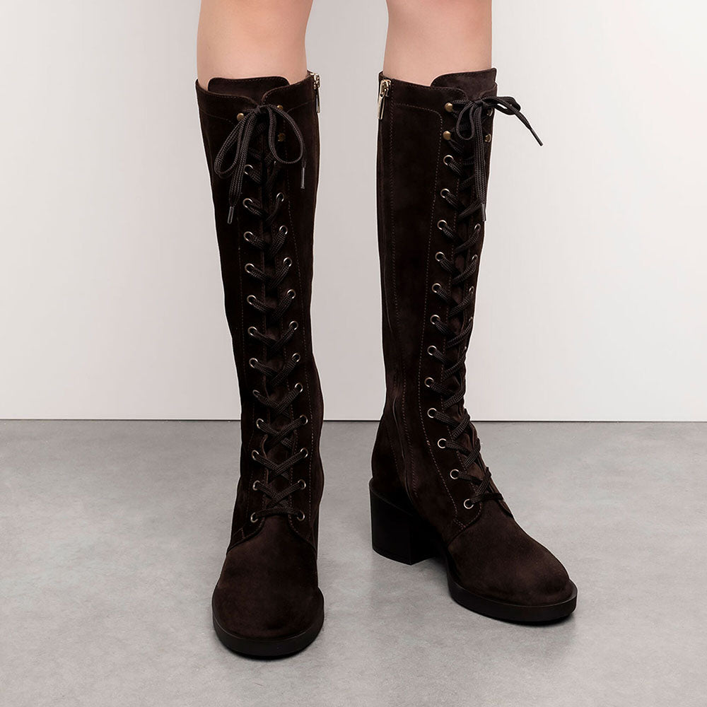 Dark Brown Vegan Suede Round Toe Block Heel Lace Up Tall Boots