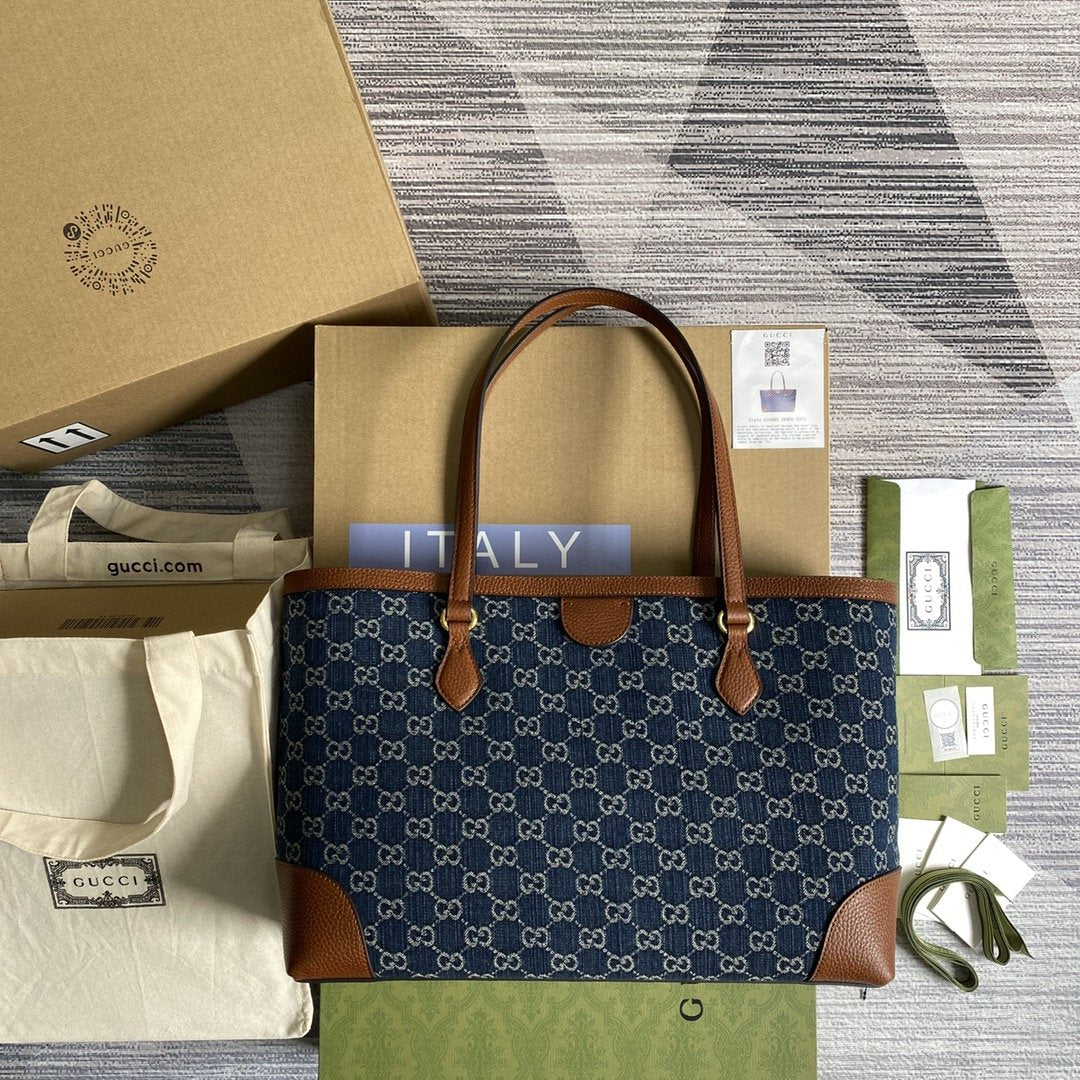 gg Ophidia gg Medium Tote Dark Blue And Ivory Eco Washed Organic gg Jacquard Denim For Women 15in/38cm gg 631685 2KQgg 8375