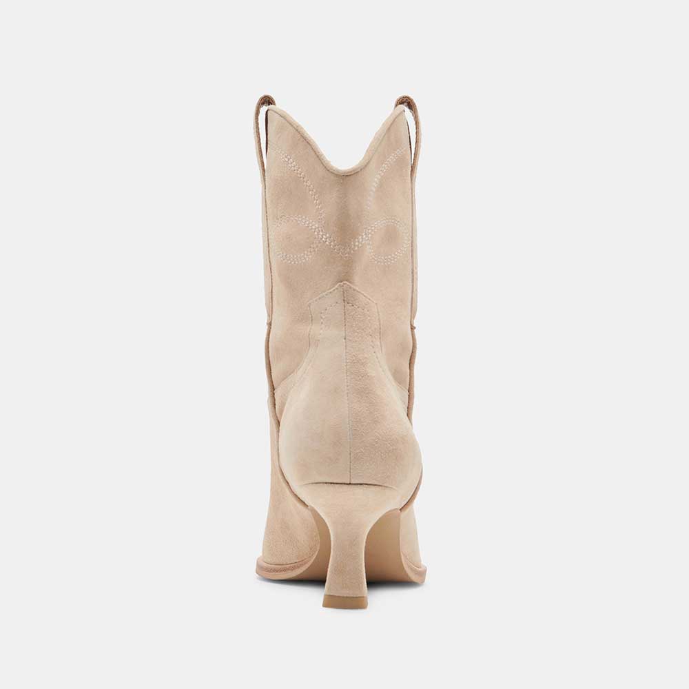 Beige Pointed Toe Kitten Heel Pull Tab Ankle Boots with Stitching