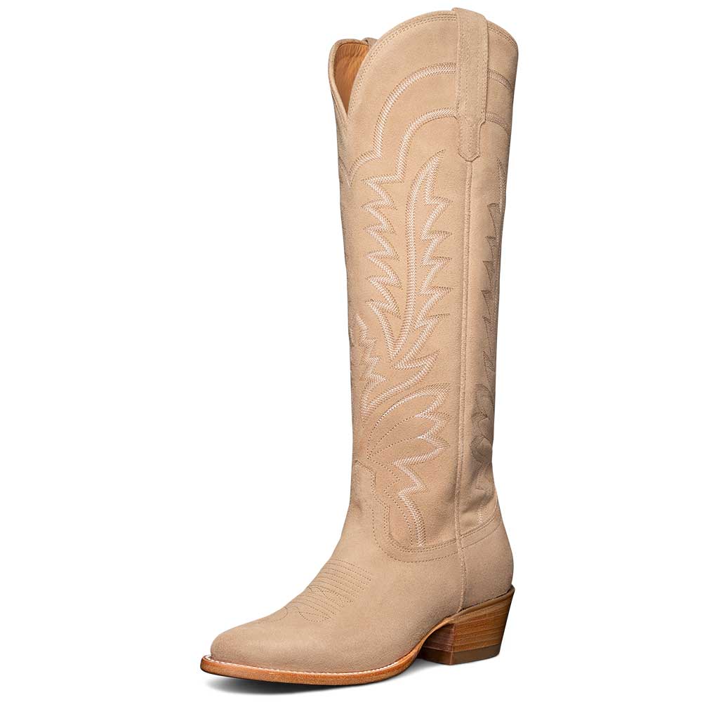 Beige Embroidered Almond Toe Chunky Heel Knee-High Cowgirl Boots