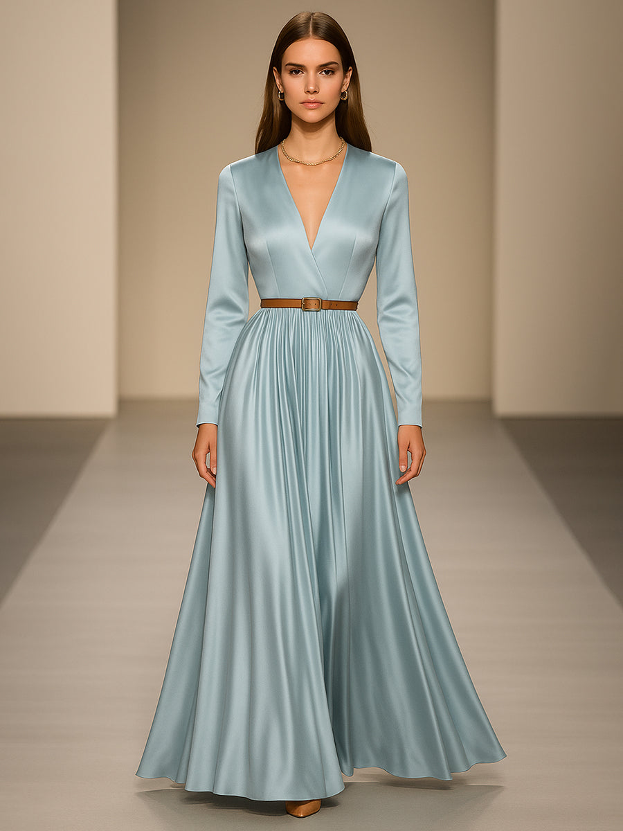 Elegant And Fashionable V-neck Light Blue Satin Maxi Dress