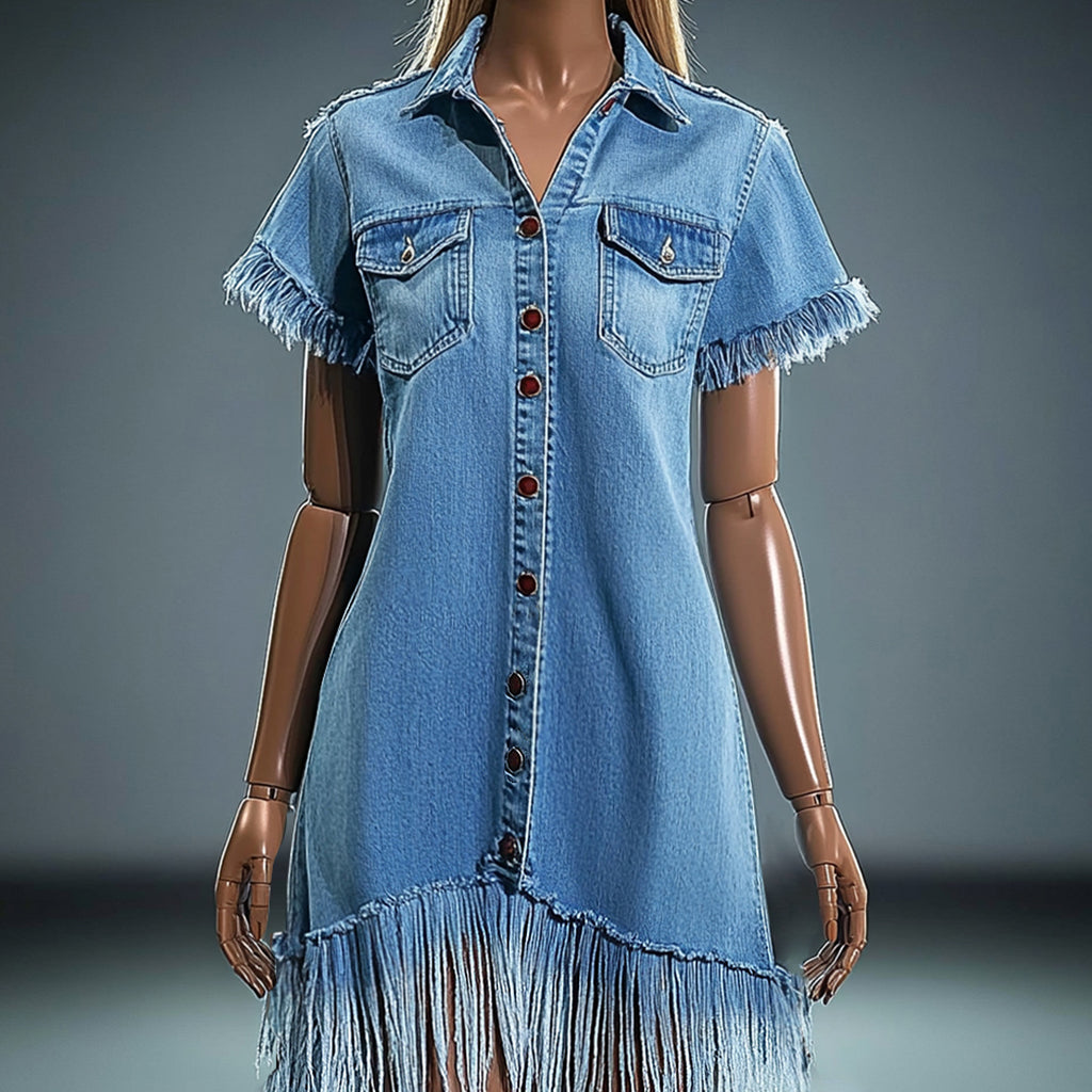 Ursime Denim Raw Edge Fringed Turndown Collar Button Mini Dress