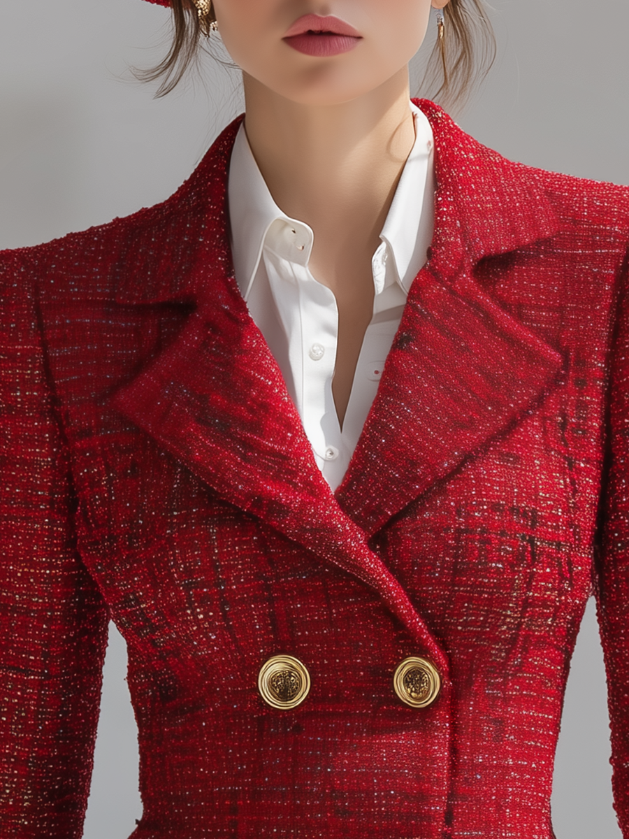 Elegant Vintage Gold Double-breasted Tweed Blazer