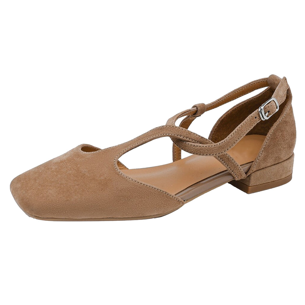 Beige Faux Suede Closed Toe Chunky Heel Strappy Pumps