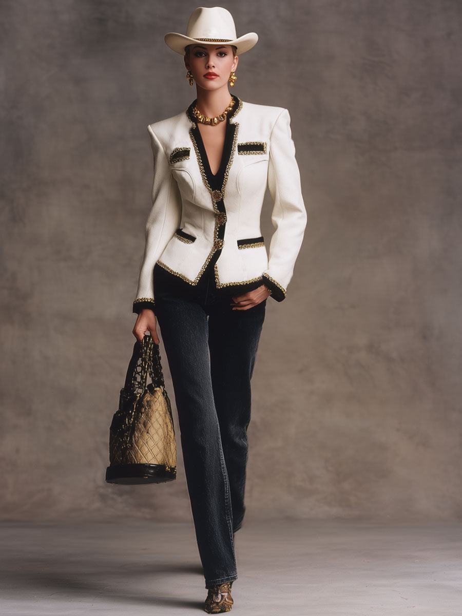 Elegant V-neck Contrasting Edge Woolen Jacket