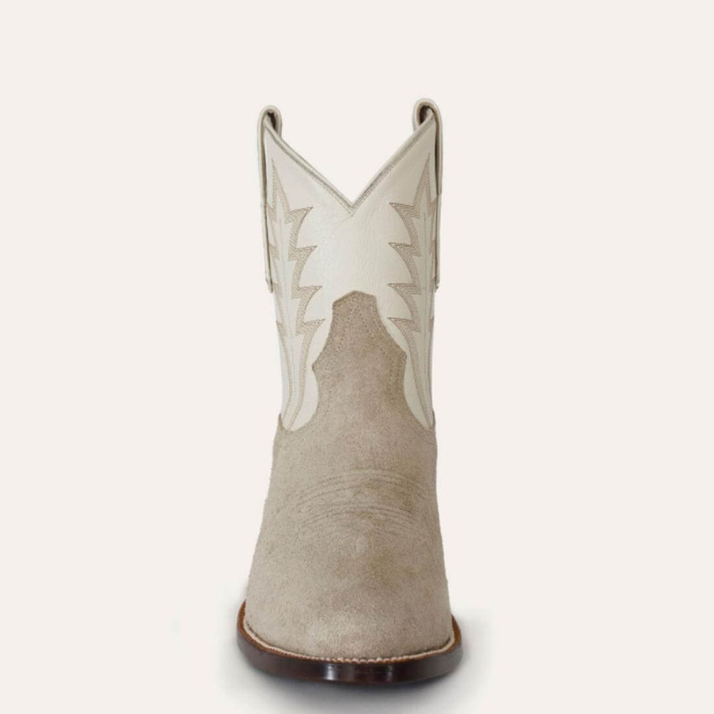 Beige & White Faux Suede Round Toe Chunky Heel Cowgirl Ankle Boots