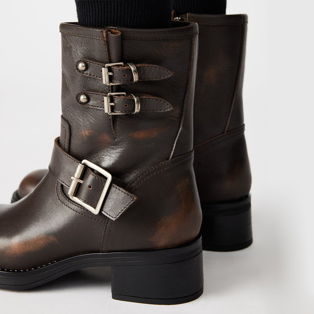 Dark Brown Closed Toe Low Chunky Heel Buckled Ankle Boots