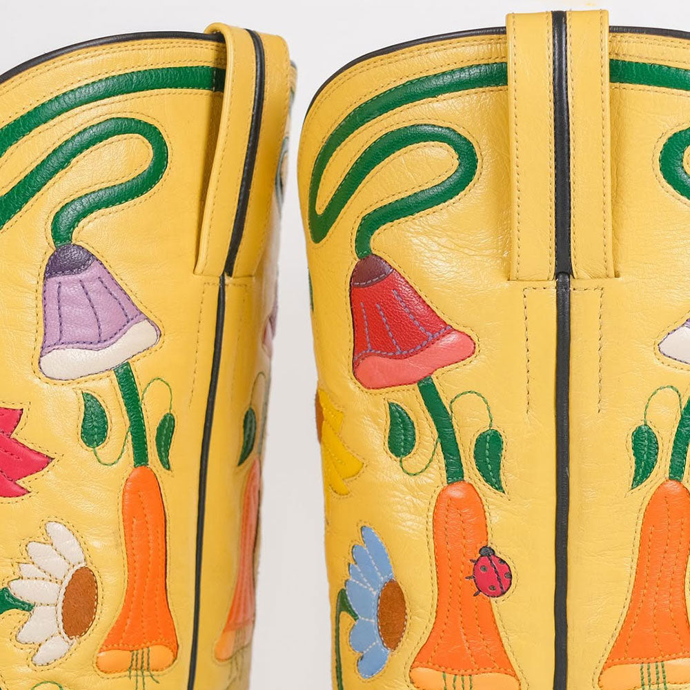 Embroidered Pointed Toe Black & Yellow Cowgirl Booties for Women