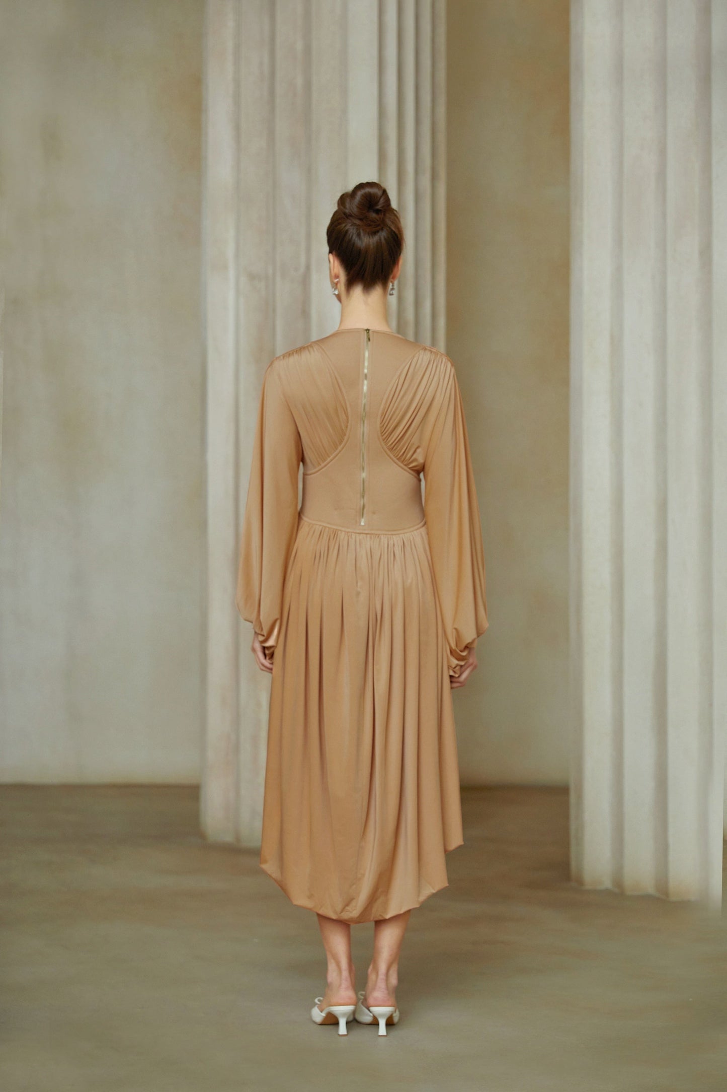 Kenza Pink Asymmetrical Pleated Midi Dress