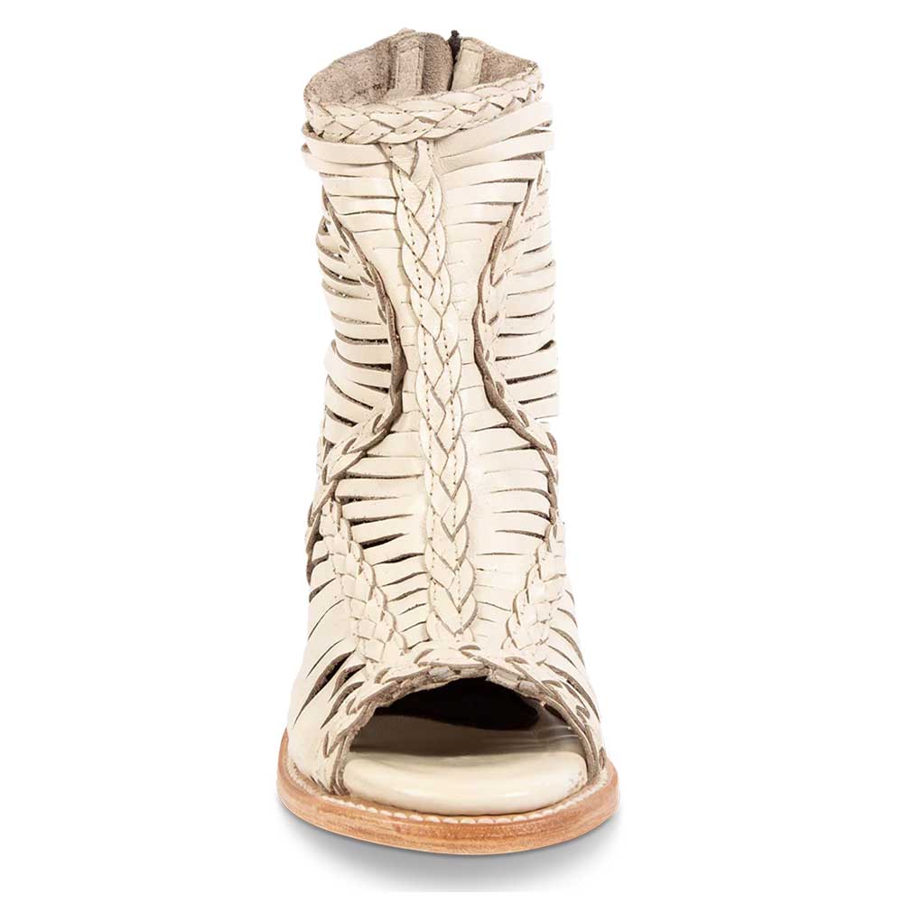 Beige Braided Hollow-Out Peep Toe Chunky Heel Ankle Boots with Zipper