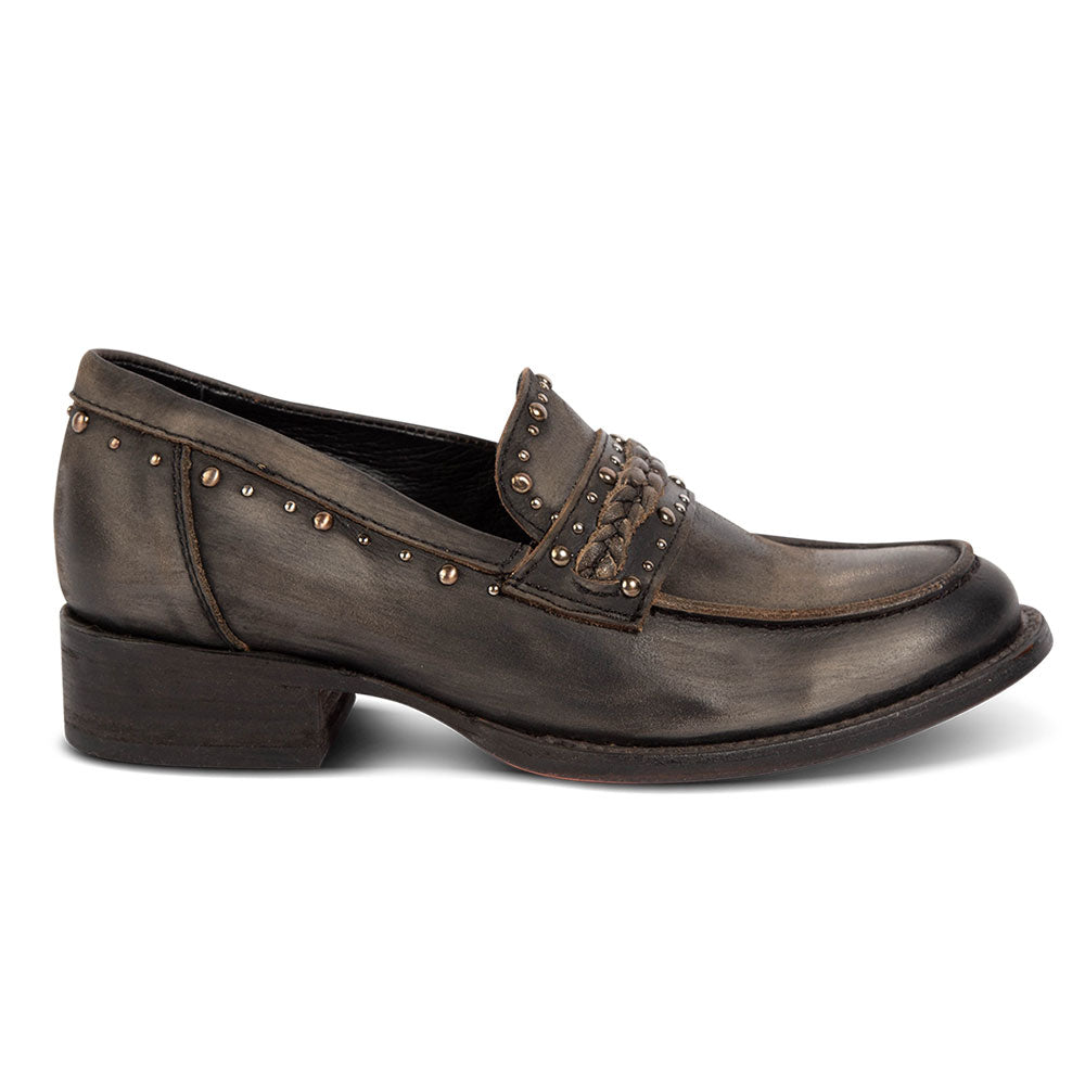 Dark Taupe Round Toe Slip On Block Heel Studded Loafer Shoes Women