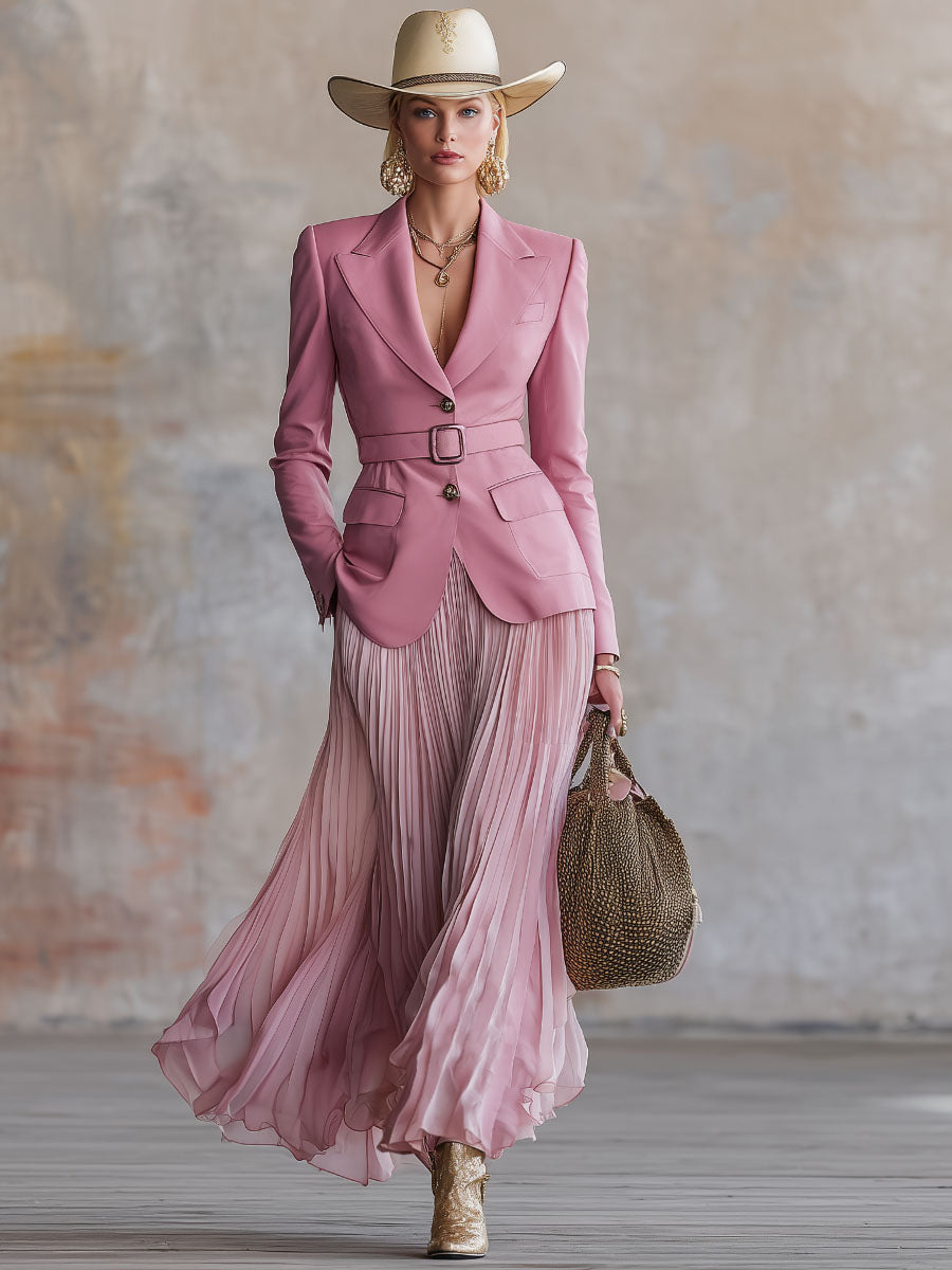 Elegant Pink Belted Blazer And Pleated Skirt Set