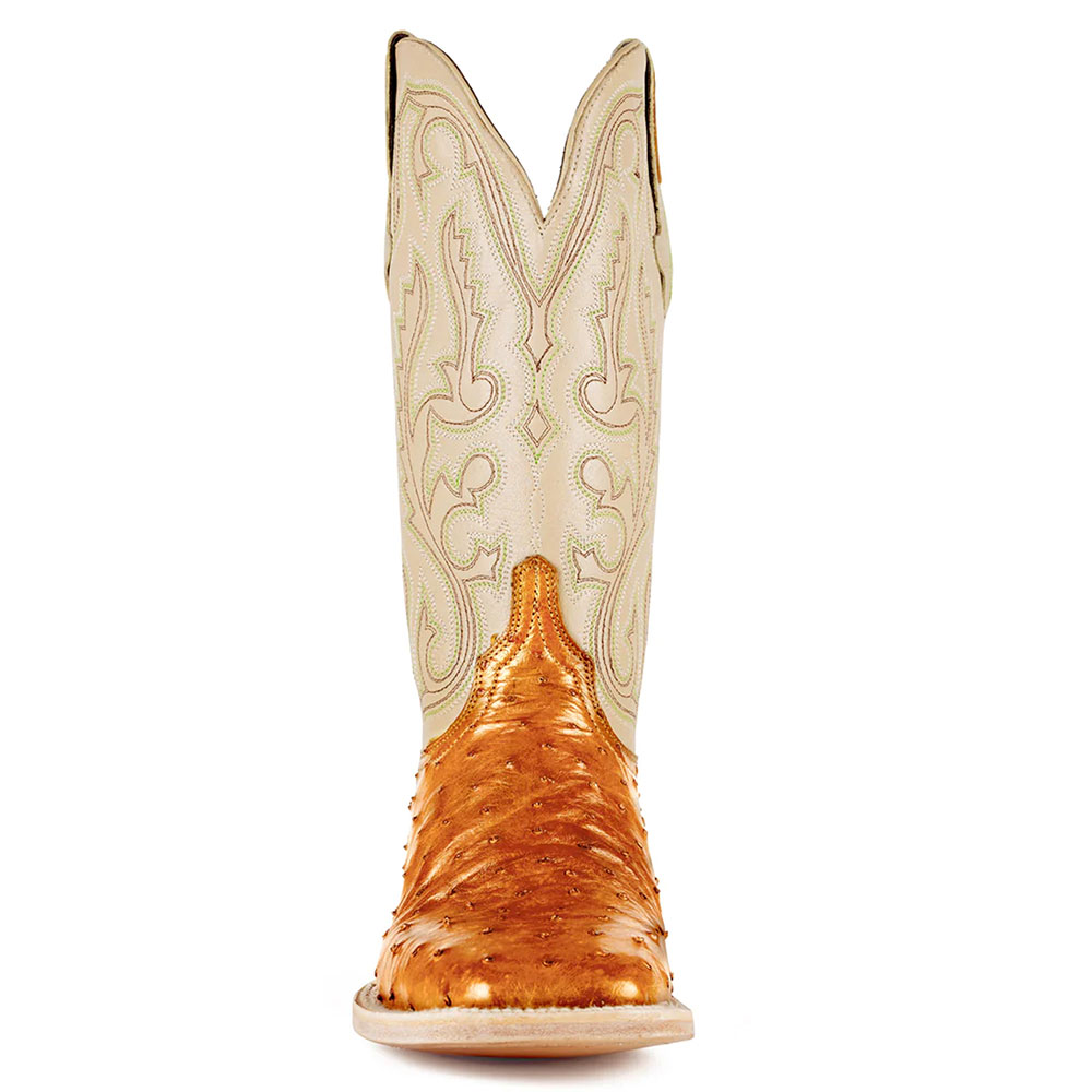 Beige & Tan Ostrich Embossed Mid-Calf Embroidered Cowgirl Boots