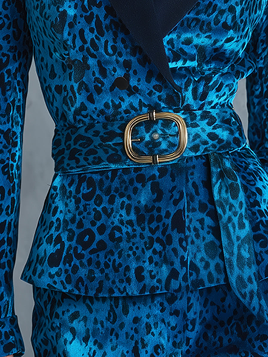 Elegant Vintage Blue Leopard Print Belt Velvet Blazer