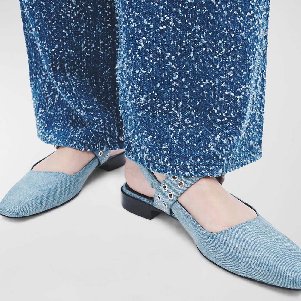 Denim Blue Square Toe Studded Slingback Low Heel Pumps for Women