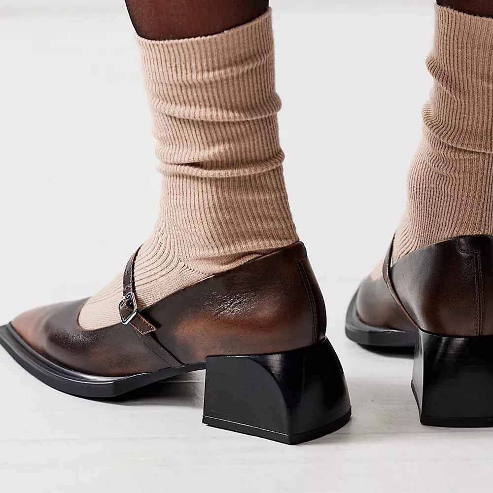 Dark Brown Pointed Toe Chunky Heel Mary Jane Shoes with Buckle Strappy