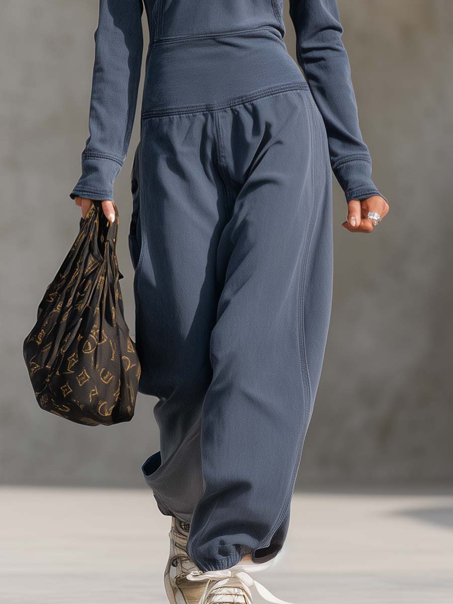 Exquisite Casual Sports Lapel Front Zipper Long Sleeve Retro Gray-blue Cotton Jumpsuit