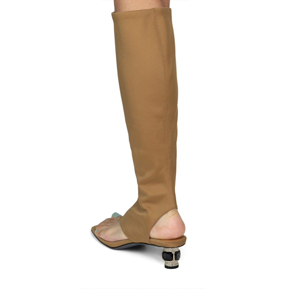 Beige Open Toe Decorative Heel Knee High Sandal Boots