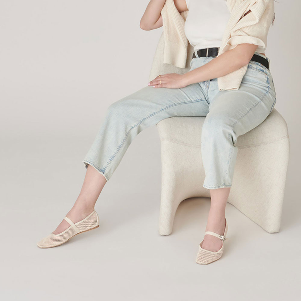 Beige Fishnet Square Toe Flat Buckle Strap Mary Jane Shoes for Women