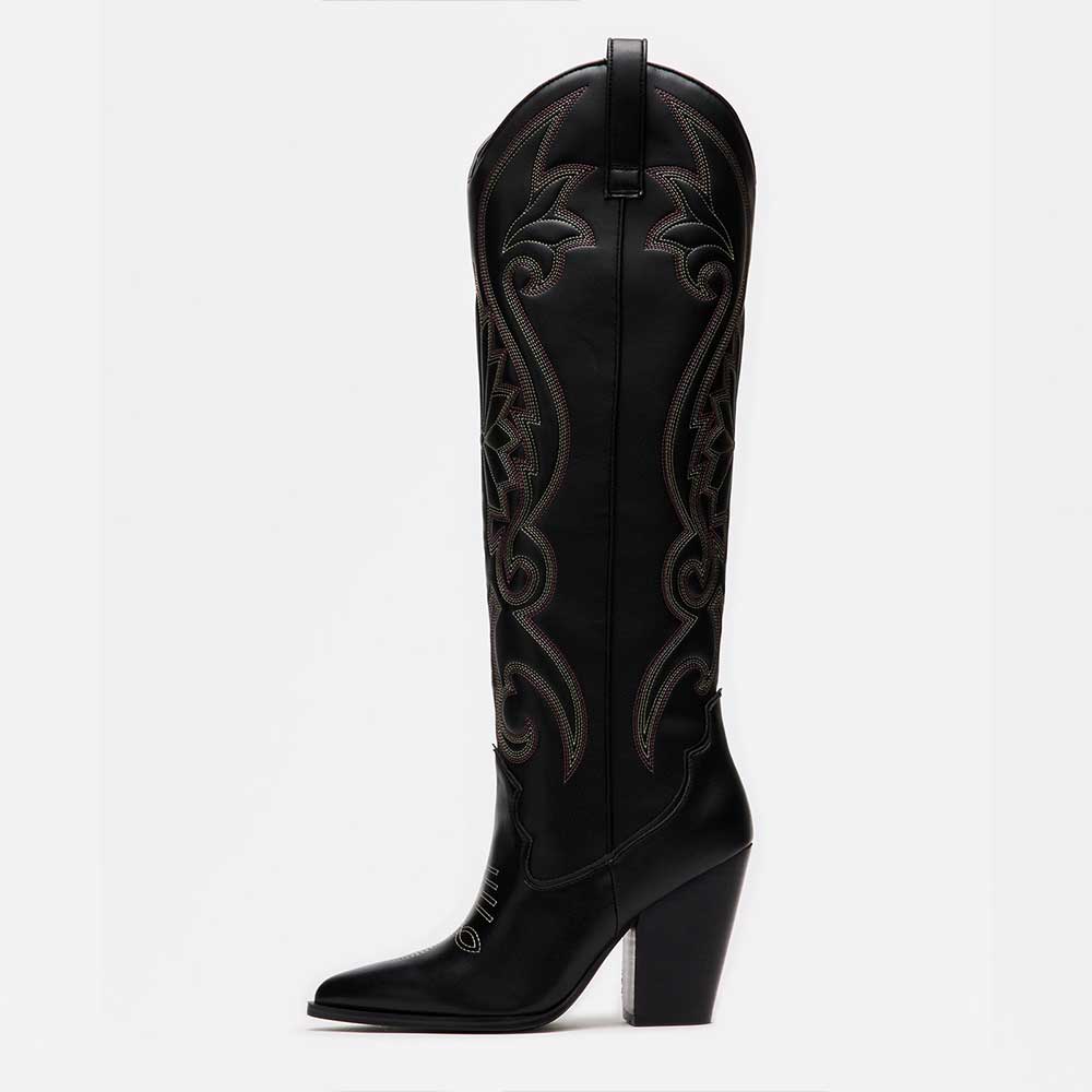 Fashion Pointed Toe Embroidered Knee-High Cowgirl Boots in Black