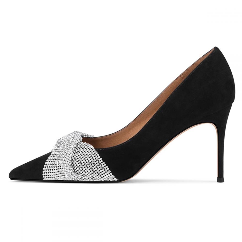 Elegant Black Vegan Suede Rhinestone Twist Strap Decor Pumps Heels