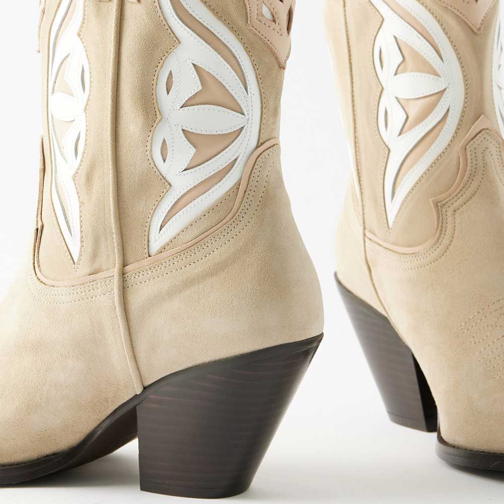Beige Faux Suede Pointed Toe Chunky Heel Butterfly Cowgirl Boots