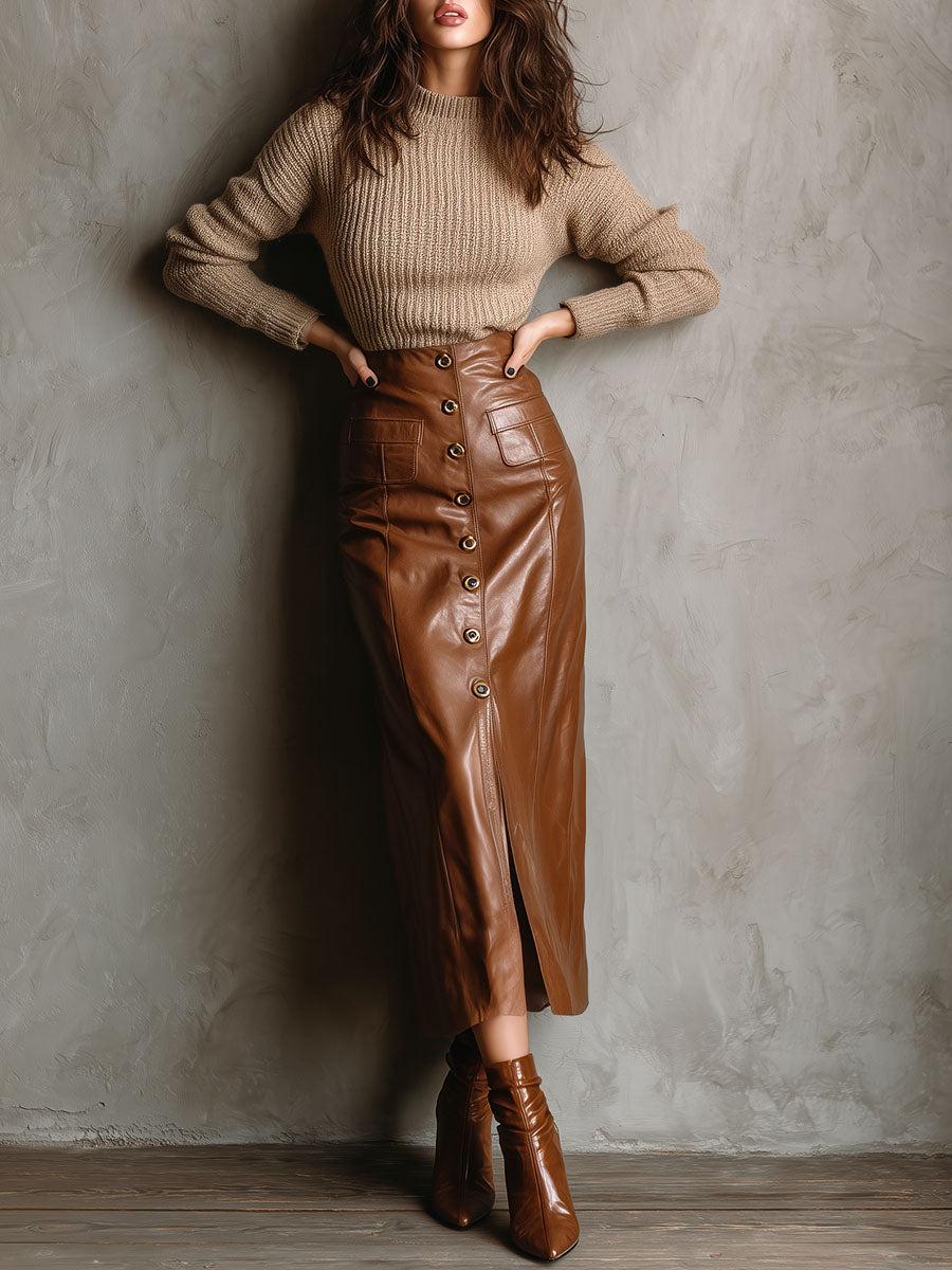 Front Button High-Waisted Brown Eco Leather Midi Skirt With Pockets