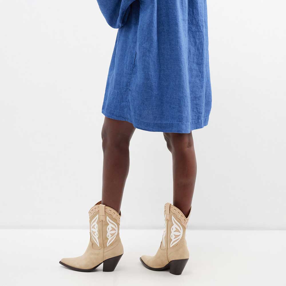 Beige Faux Suede Pointed Toe Chunky Heel Butterfly Cowgirl Boots