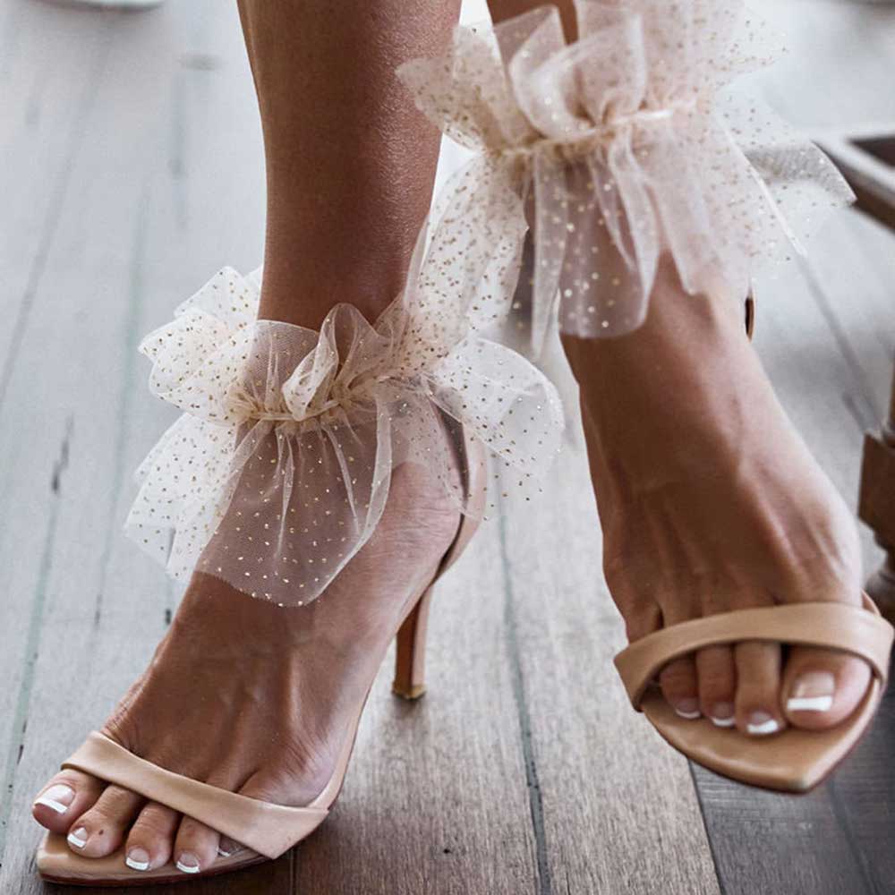 Beige Pointed Toe 3'' Stiletto Heel Mesh Flared Ankle Strap Sandals