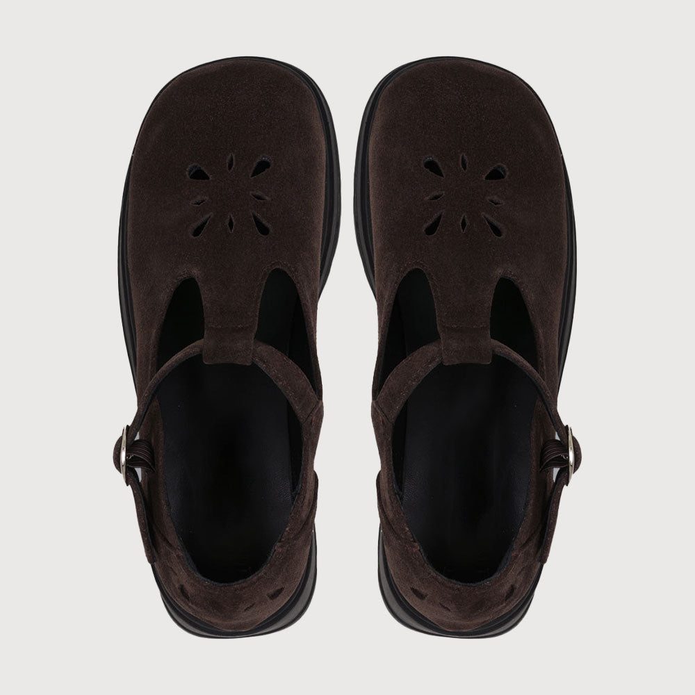Dark Brown Vegan Suede Cut-Out Platform Chunky Heeled Mary Janes