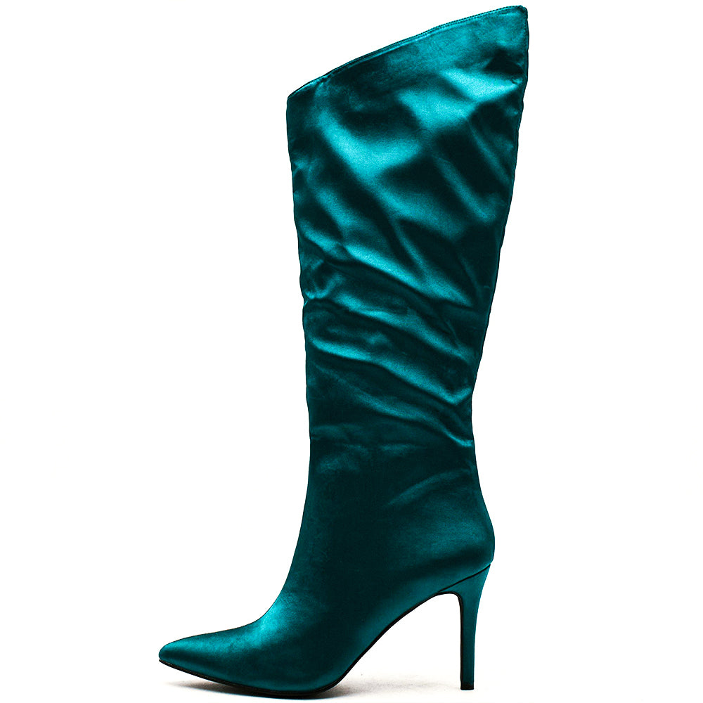 Dark Teal Satin Pointed Toe Elegant Stiletto Heel Tall Boots